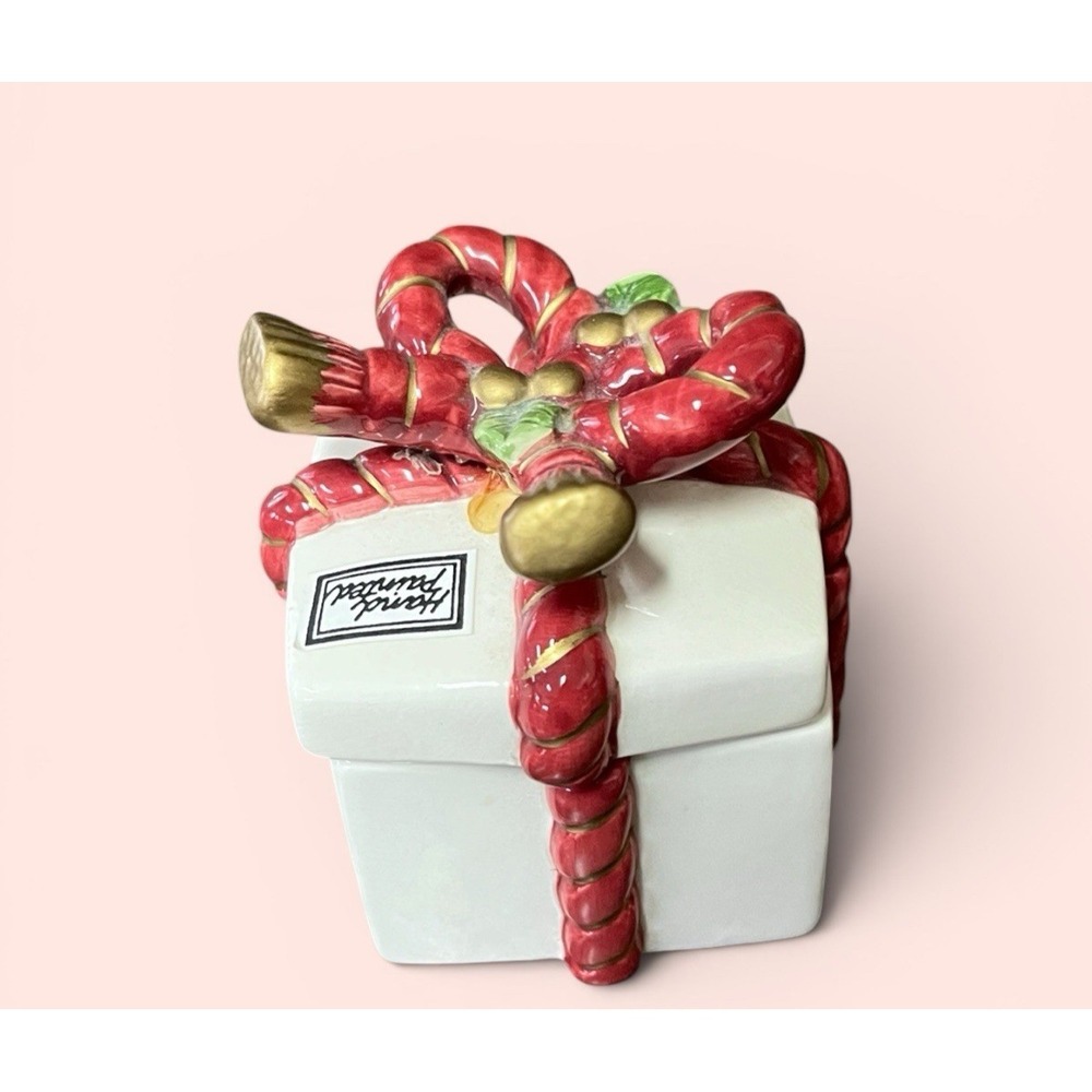 Fitz & Floyd 1988 Christmas Present Gift Ribbon Box Holly Trinket Treasure Box - Picture 4 of 11